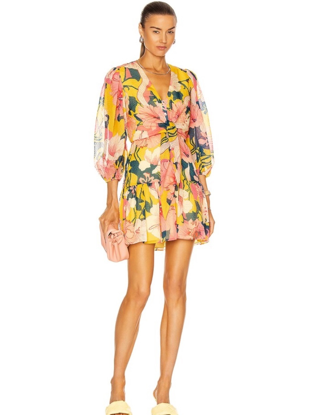 Alexis Yellow Floral Puff Sleeve Mini Dress size small